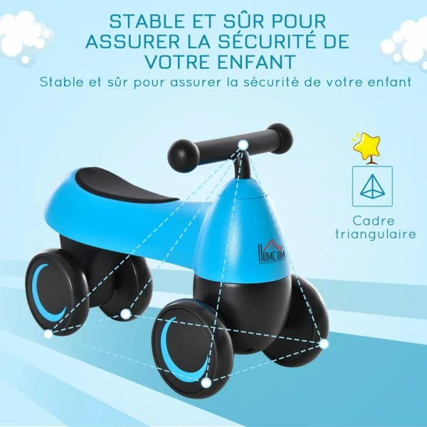 DRAISIENNE VÉLO ENFANT 4 ROUES EVA SELLE GUIDON ERGONOMIQUE BLEU NOIR – Image 2